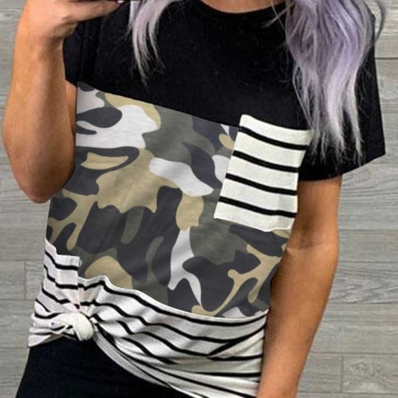 Black Tee with Stripe and Camo Accents - Picture 1 of 4